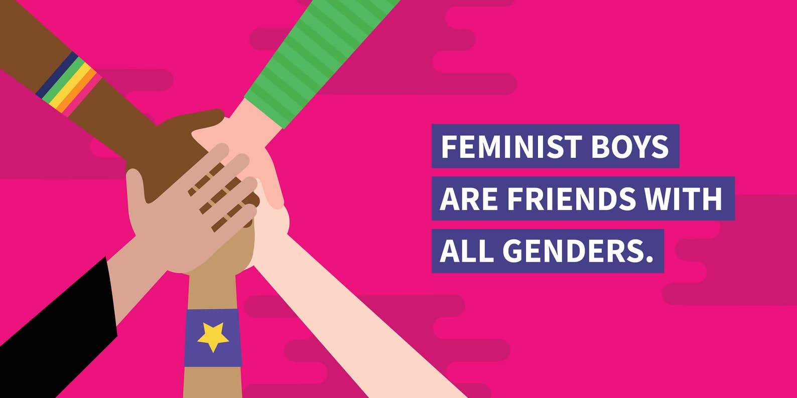 Feminist boys are friends with all genders — book spread with diverse hands stacked together