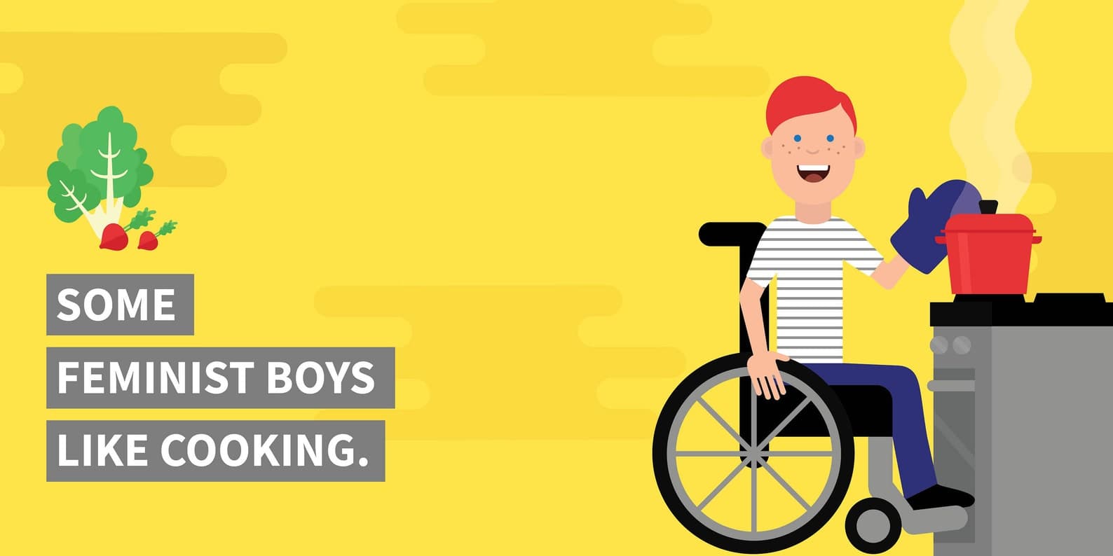 Some feminist boys like cooking — book spread with wheelchair user cooking