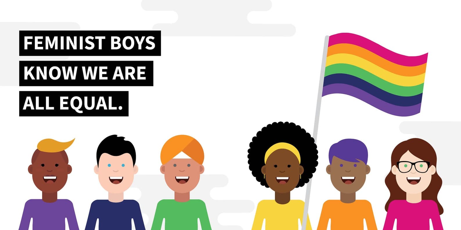 Feminist boys know we are all equal — book spread with diverse characters and pride flag