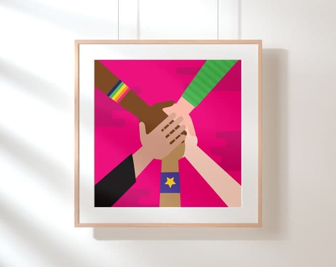 Friends with all genders print — diverse hands stacking together, framed square print